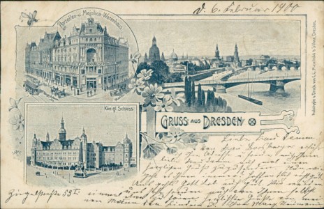 Alte Ansichtskarte Gruss aus Dresden, Porzellan- u. Majolica-Warenhaus, Teilansicht, Königl. Schloss
