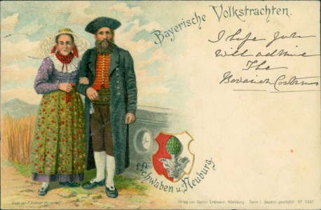 Alte Ansichtskarte Bayerische Volkstrachten, Schwaben u. Neuburg, Wappen