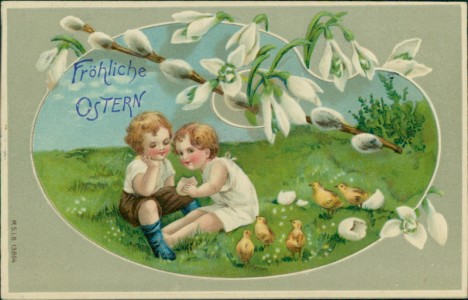 Alte Ansichtskarte Fröhliche Ostern, Kinder mit Küken, Weidenkätzchen, Schneeglöckchen (Prägedruck)