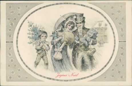 Alte Ansichtskarte Joyeux Noël / Frohe Weihnachten, Familie beim Einkaufen, Knabe mit Tannenbaum