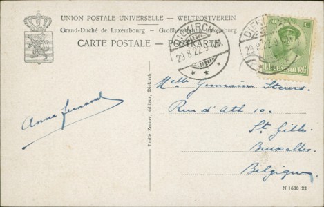 Adressseite der Ansichtskarte Diekirch, Mandat de Poste International / Postanweisung