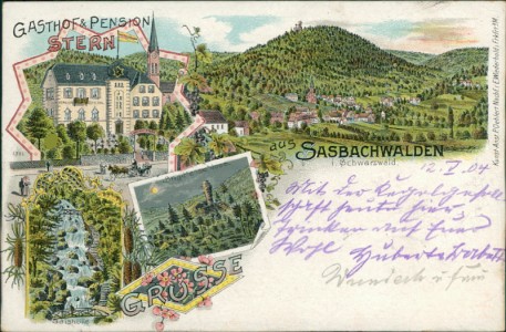 Alte Ansichtskarte Grüsse aus Sasbachwalden, Gasthof & Pension Stern, Gesamtansicht, Gaishölle, Brigittenschloss