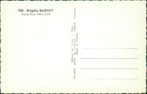 Adressseite der Ansichtskarte Brigitte Bardot, d'après Photo SAM LÉVIN