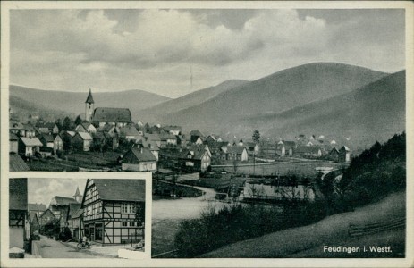 Alte Ansichtskarte Bad Laasphe-Feudingen, Gesamtansicht, Teilansicht mit Handlung von Otto Dörr, Papierwaren