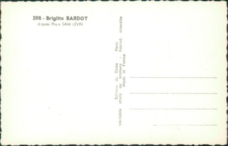 Adressseite der Ansichtskarte Brigitte Bardot, d'après Photo SAM LÉVIN