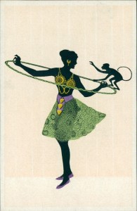 Alte Ansichtskarte Scherenschnitt, Tänzerin mit Affe, Art Deco