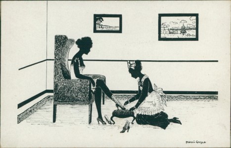 Alte Ansichtskarte Scherenschnitt, sign. Manni Grosze, Hausmädchen hilft Dame beim Ankleiden
