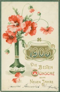 Alte Ansichtskarte Die besten Wünsche zum Neuen Jahre, Jahreszahl "1905", Vase mit Mohn (leicht geprägt)