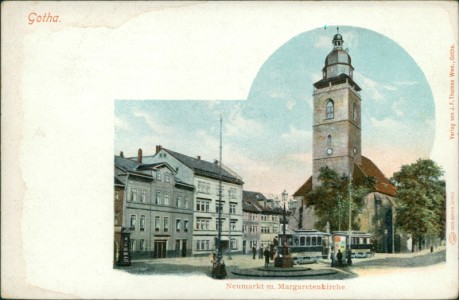 Alte Ansichtskarte Gotha, Neumarkt m. Margaretenkirche, Straßenbahn