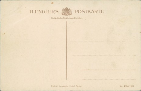 Adressseite der Ansichtskarte Bastei, Sächs Schweiz, Basteiterrasse (GROßE ECKKNICKE OBEN RECHTS; PAPIERLAGE OBEN GELÖST)