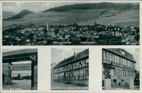 Alte Ansichtskarte Ershausen/Geismar, Gesamtansicht, Gut Lorenz, Geburtshaus d. Bischofs Konr. Martin, Schule