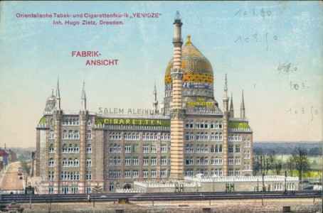 Alte Ansichtskarte Dresden, Orientalische Tabak- und Cigarettenfabrik "YENIDZE", Inh. Hugo Zietz, Dresden, rückseitig Werbeeindruck