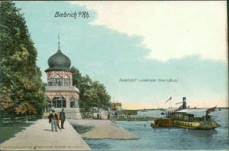 Alte Ansichtskarte Wiesbaden-Biebrich, Dampfschiff-Landebrücke, Blick n. Mainz
