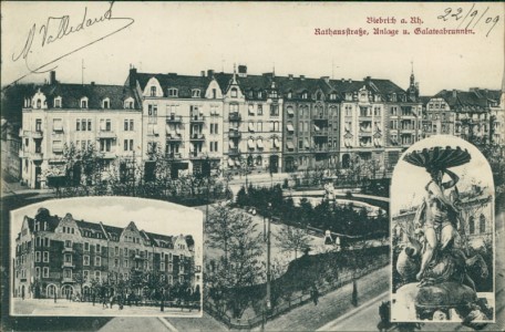 Alte Ansichtskarte Wiesbaden-Biebrich, Rathausstraße, Anlage u. Galateabrunnen