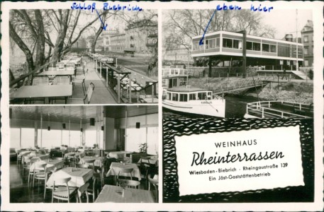 Alte Ansichtskarte Wiesbaden-Biebrich, Weinhaus Rheinterrassen, Rheingaustraße 139
