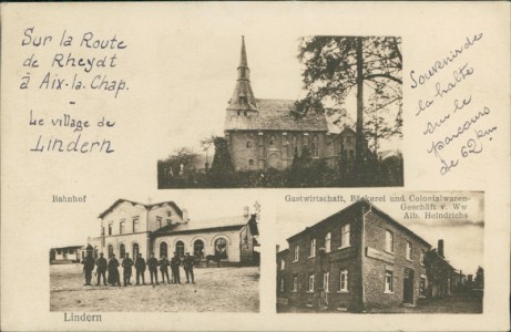 Alte Ansichtskarte Geilenkirchen-Lindern, Kirche, Bahnhof, Gastwirtschaft, Bäckerei und Colonialwaren-Geschäft v. Ww. Alb. Heindrichs