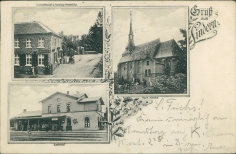 Alte Ansichtskarte Gruß aus Lindern, Gastwirtschaft u. Handlung Heindrichs, Kath. Kirche, Bahnhof