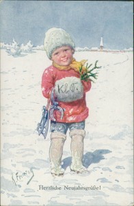 Alte Ansichtskarte Karl Feiertag, Herzliche Neujahrsgrüße! Kind mit Muff, Hufeisen und Schlittschuhen