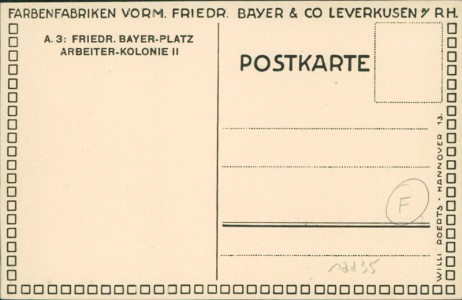 Adressseite der Ansichtskarte Leverkusen, Farbenfabriken vorm. Friedr. Bayer & Co. A. 3: Friedr. Bayer-Platz, Arbeiter-Kolonie II