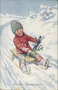 Alte Ansichtskarte Karl Feiertag, Herzliche Neujahrsgrüße! Knabe auf Schlitten mit Schornsteinfeger-Puppe