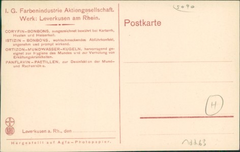 Adressseite der Ansichtskarte Leverkusen, I. G. Farbenindustrie Aktiengesellschaft. Werk: Leverkusen am Rhein. Luftkompressoren