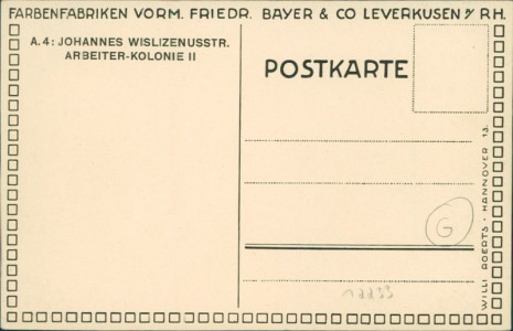 Adressseite der Ansichtskarte Leverkusen, Farbenfabriken vorm. Friedr. Bayer & Co. A. 4: Johannes Wislizenusstr., Arbeiter-Kolonie II