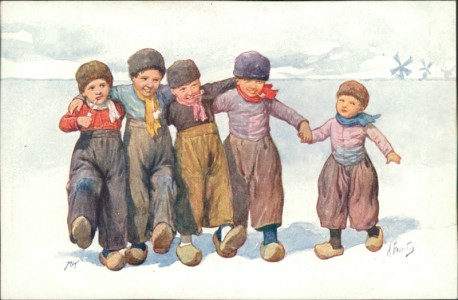Alte Ansichtskarte Karl Feiertag, Kinder in Holländer-Tracht, Windmühlen im Hintergrund