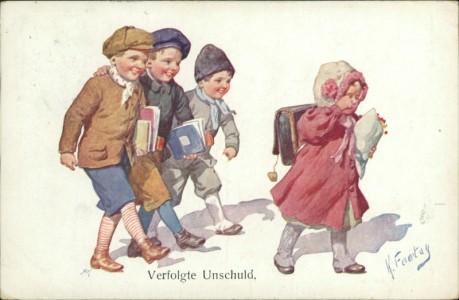 Alte Ansichtskarte Karl Feiertag, Verfolgte Unschuld