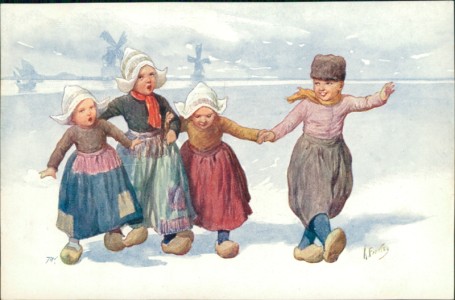 Alte Ansichtskarte Karl Feiertag, Kinder in Holländer-Tracht, Windmühlen im Hintergrund