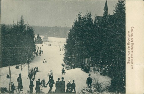 Alte Ansichtskarte Marburg, Rodelbahn auf dem Frauenberg bei Marburg