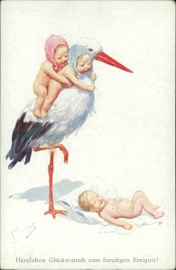 Alte Ansichtskarte Karl Feiertag, Herzlichen Glückwunsch zum freudigen Ereignis! Klapperstorch bringt Baby