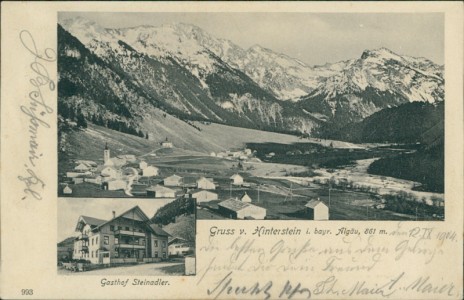 Alte Ansichtskarte Gruss v. Hinterstein i. bayr. Allgäu, Panorama, Gasthof Steinadler