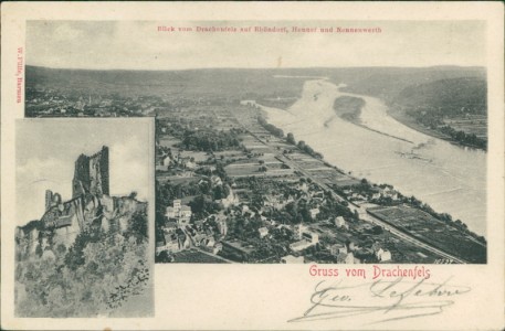 Alte Ansichtskarte Gruss vom Drachenfels, Blick vom Drachenfels auf Rhöndorf, Honnef und Nonnenwerth