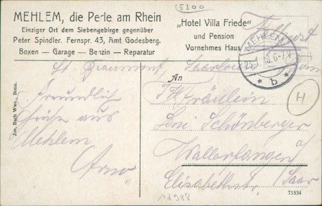 Adressseite der Ansichtskarte Bad Godesberg-Mehlem, Hotel Villa Friede, Gartenseite mit Wandelhalle