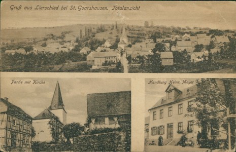 Alte Ansichtskarte Gruß aus Lierschied  bei St. Goarshausen, Totalansicht, Partie mit Kirche, Handlung Heinr. Meyer