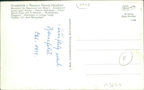 Adressseite der Ansichtskarte Bonefeld (Rengsdorf), Gaststätte u. Pension Georg Heuchert (STARKER BUG ÜBER DEN KOMPLETTEN RECHTEN RAND)