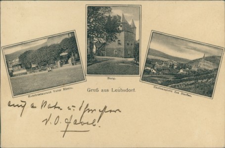 Alte Ansichtskarte Leubsdorf (Linz am Rhein), Hotel-Restaurant Vater Rhein, Burg, Rheinansicht des Dorfes