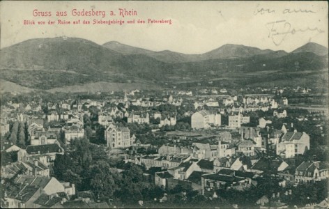 Alte Ansichtskarte Bad Godesberg, Blick von der Ruine auf das Siebengebirge und den Petersberg