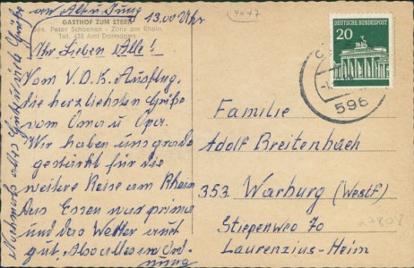 Adressseite der Ansichtskarte Dormagen-Zons, Gasthof zum Stern