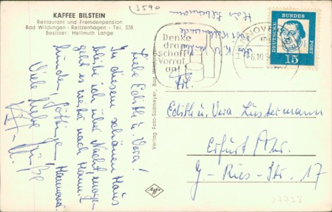 Adressseite der Ansichtskarte Bad Wildungen-Reitzenhagen, Kaffee Bilstein, Restaurant und Fremdenpension, Besitzer: Hellmuth Lange