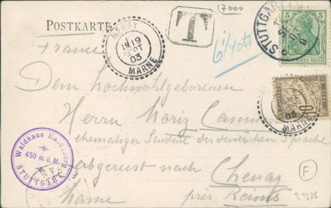 Adressseite der Ansichtskarte Stuttgart, Waldhaus auf dem Hasenberg