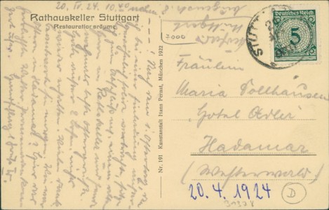 Adressseite der Ansichtskarte Stuttgart, Rathauskeller