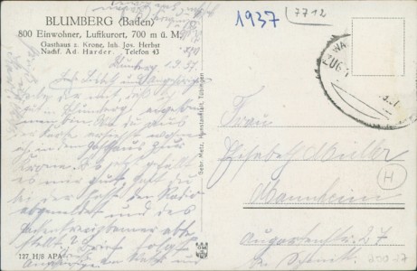 Adressseite der Ansichtskarte Blumberg (Baden), Gesamtansicht, Gasthaus z. Krone, Hauptstraße